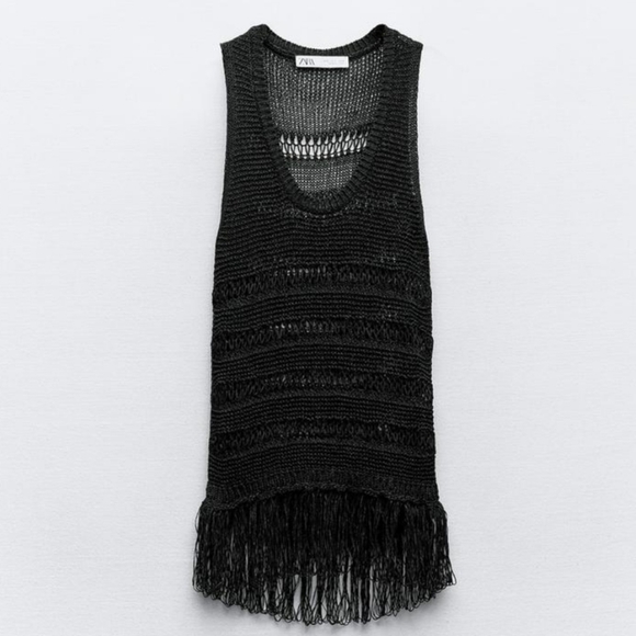 ZARA Open Weave Fringed Black Sleeveless Knit Top NEW - Picture 4 of 12